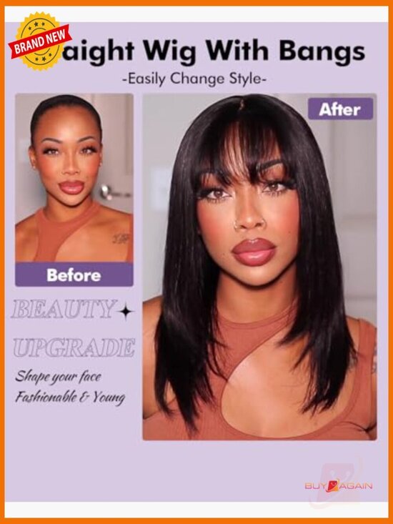 Straight Human Hair Wig with Bangs Glueless 180% Density 2x4 HD Lace Closure